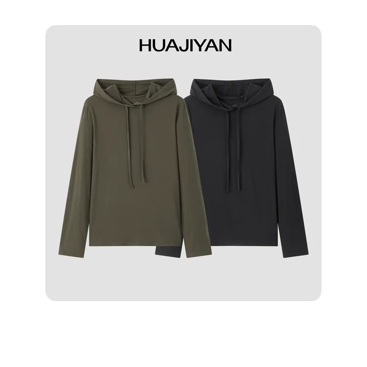 华吉言/HUAJIYAN【小森林】羊毛天丝混纺抽绳连帽长袖上衣