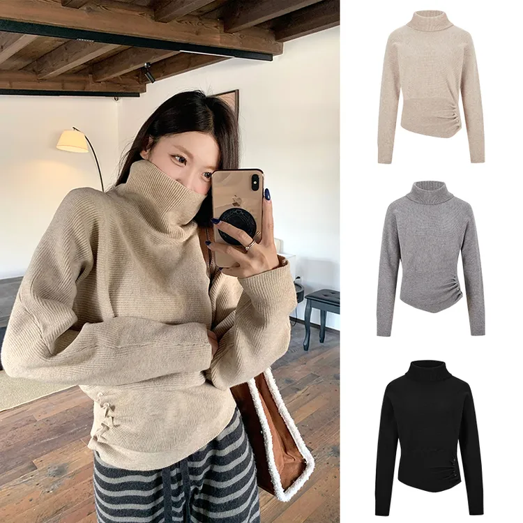 Moses Queen/魔西女王韩版慵懒高领蝙蝠袖针织衫独特别致收腰毛衣