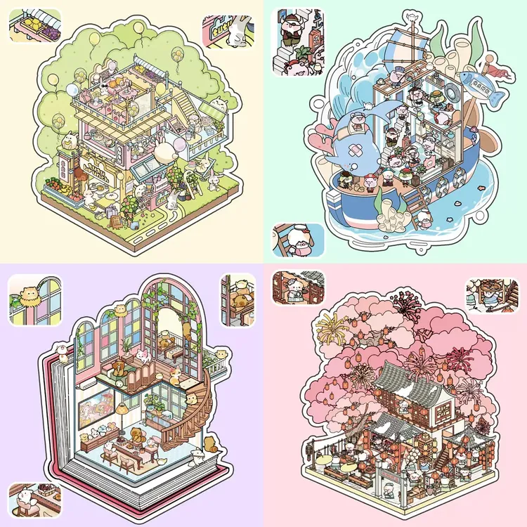 原创新款造景贴纸微缩场景贴纸3D立体小屋堆叠创意解压手工DIY贴