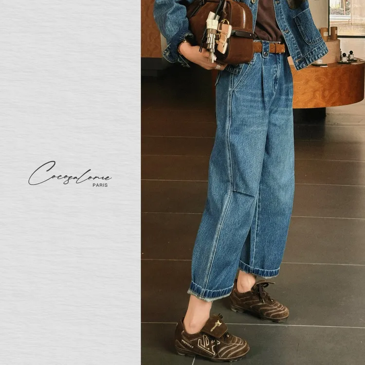 韩彬彬"肥肥裤"动态褶皱3D螺旋裆水波纹宽松廓形九分牛仔裤2177-1