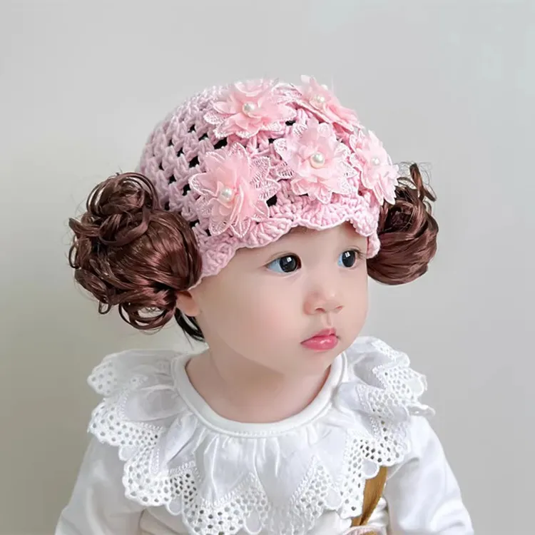 宝宝帽子超萌婴幼儿假发帽春秋款手工编织针织帽女宝宝公主满月帽