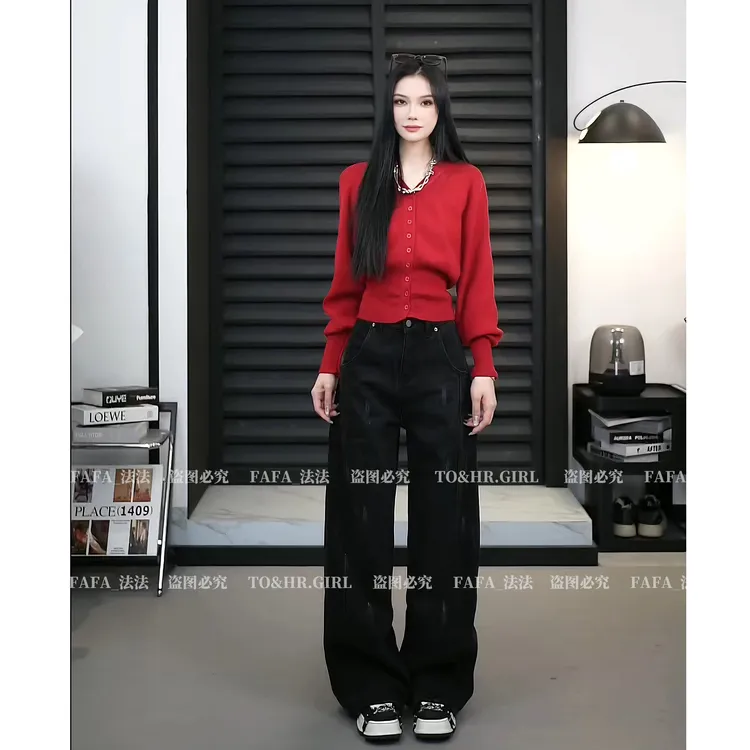 【单裤常规】THE019DZ黑色显瘦中高腰水洗休闲牛仔裤女