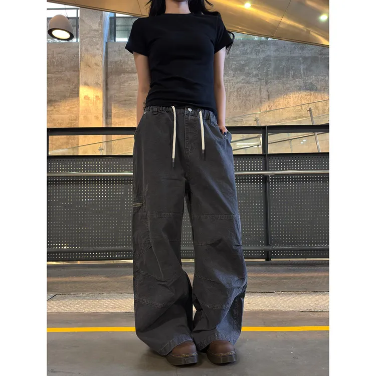 Musini美式酷感风休闲工装裤男女同款宽松抽绳阔腿裤伞兵裤显瘦潮