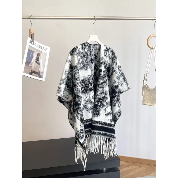 B狠厚实！保暖高克重仿羊绒 水墨山水提花围巾披肩1229 H6935