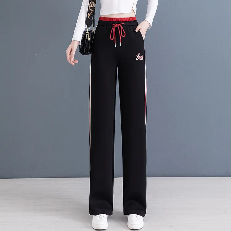 拉夏贝尔阔腿运动裤女2025秋冬季新款宽松休闲显瘦垂感直筒卫裤子