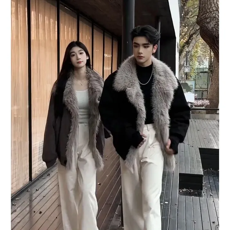 座山雕皮毛一体棉服男冬季加厚保暖设计感翻领棉衣夹克外套