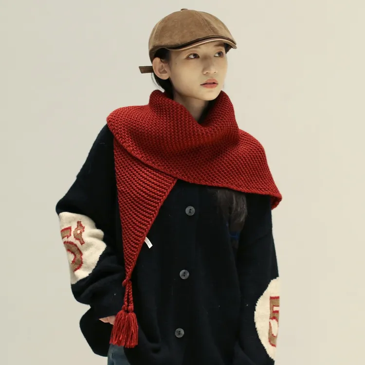 手工流苏针织三角巾披肩秋冬保暖时髦复古粗针大围巾围脖护颈外搭