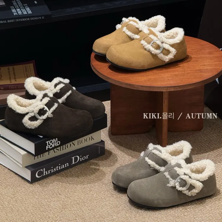 mollykiki森系复古圆头休闲女2025秋冬新款毛毛加绒一脚蹬勃肯鞋