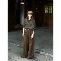 韩系慵懒风宽松洋气棕色衬衫女2025早秋新款休闲百搭长裤两件套装