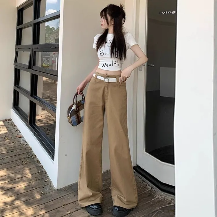 小众拿铁棕色卡其牛仔裤女2025春秋纯色宽松阔腿百搭显瘦拖地长裤