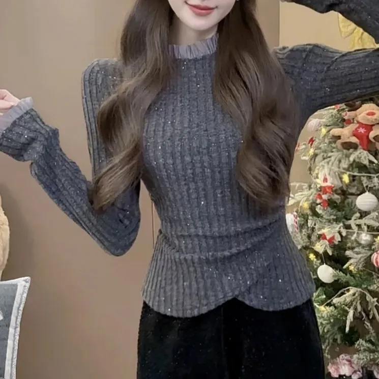 2025秋冬新款撒银打底衫女设计感蕾丝拼接花边长袖修身显瘦女上衣
