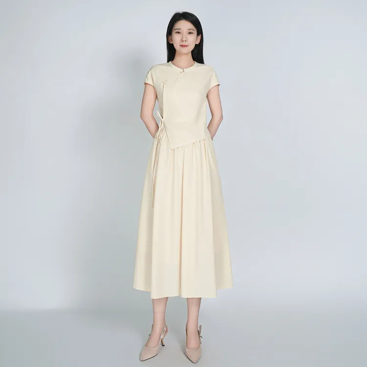 浒城古娘中式圆领减龄显瘦夏新款舒纯色气质长款女套装HBSS010115