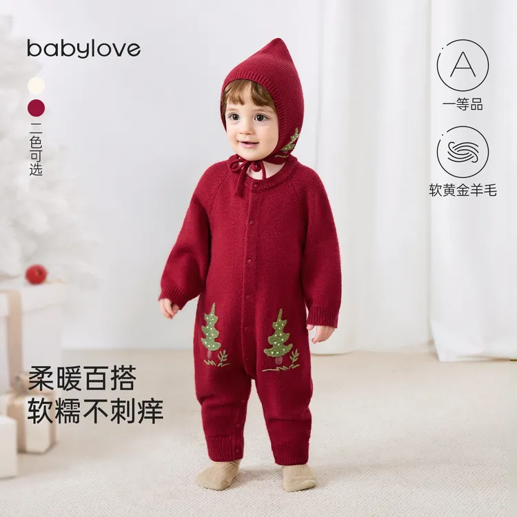 babylove宝宝连体衣针织毛衣冬羊毛圣诞哈衣红色婴儿衣服浮翠流丹