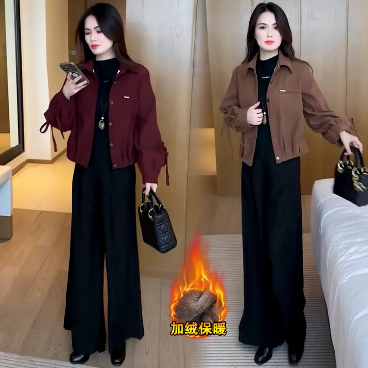 时尚休闲套装女冬季新款加绒加厚洋气宽松显瘦保暖夹克上衣直筒裤