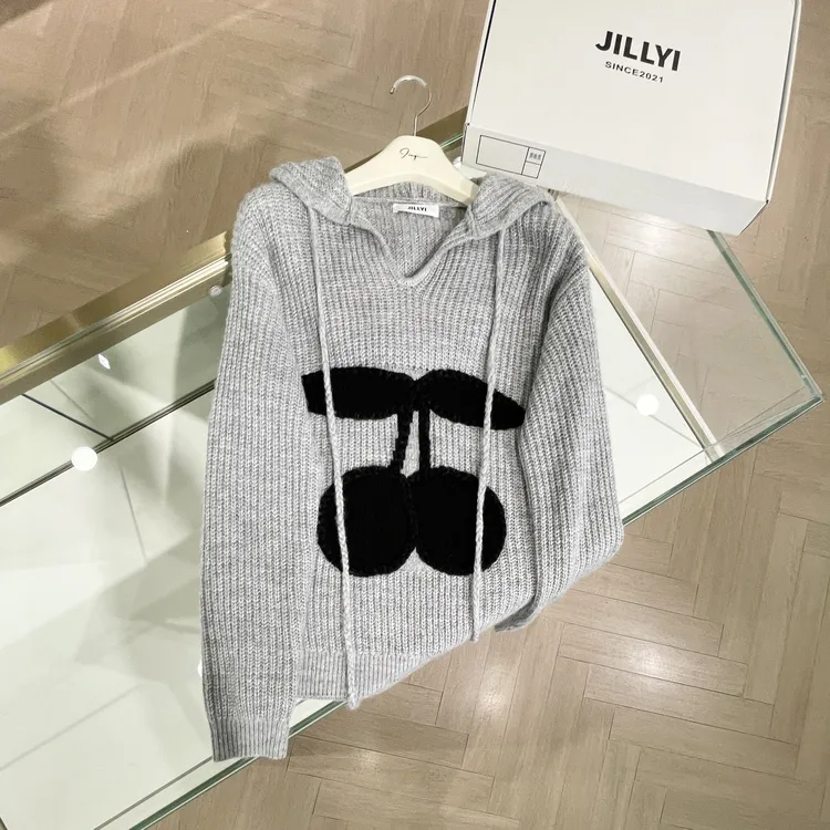 JILLYI【限定樱桃】灰色连帽领植绒樱桃图案慵懒风时尚针织衫