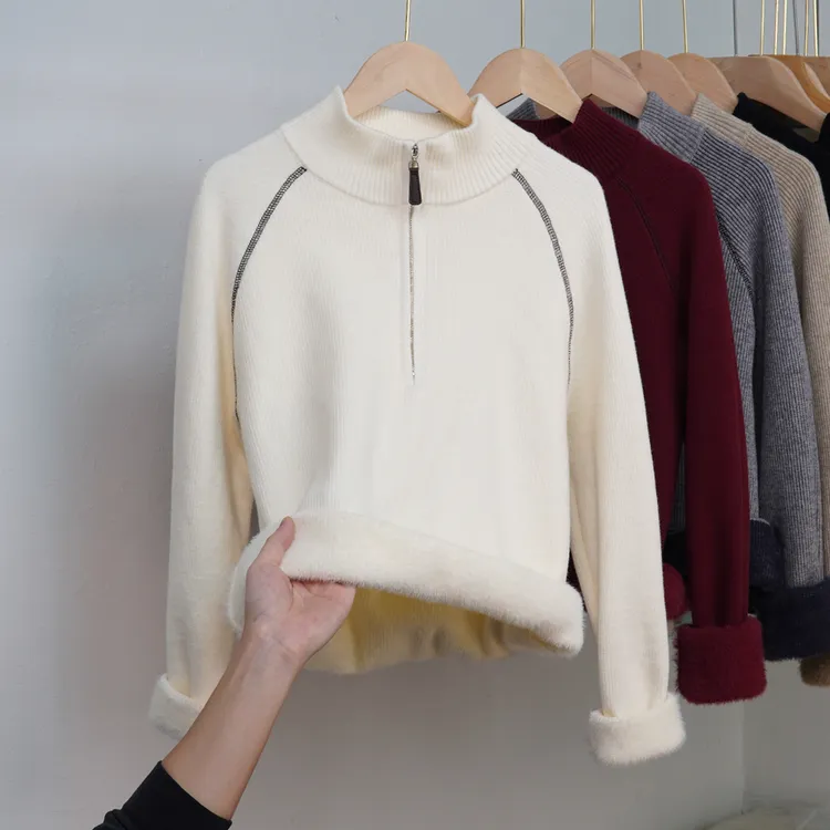 新款秋冬拉链半开领长袖针织打底衫女加绒加厚半高领保暖内搭毛衣