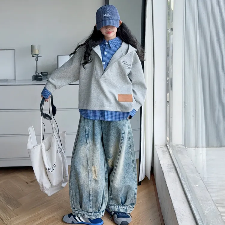 女童阔腿牛仔裤春秋2025新款儿童宽松衬衫卫衣假两件中大童裤子潮
