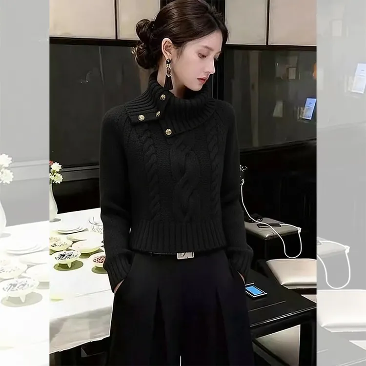 2025新款秋冬老钱风高领麻花针织衫女设计感黑色套头时尚气质毛衣