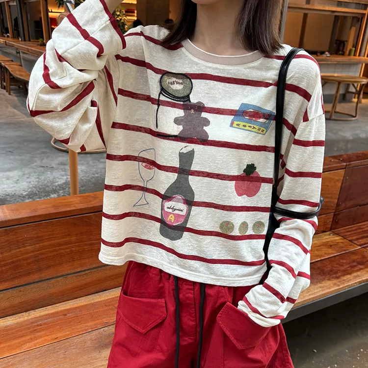 黎诺夏季新款卡通印花条纹防晒长袖罩衫女2025慵懒风休闲短款上衣