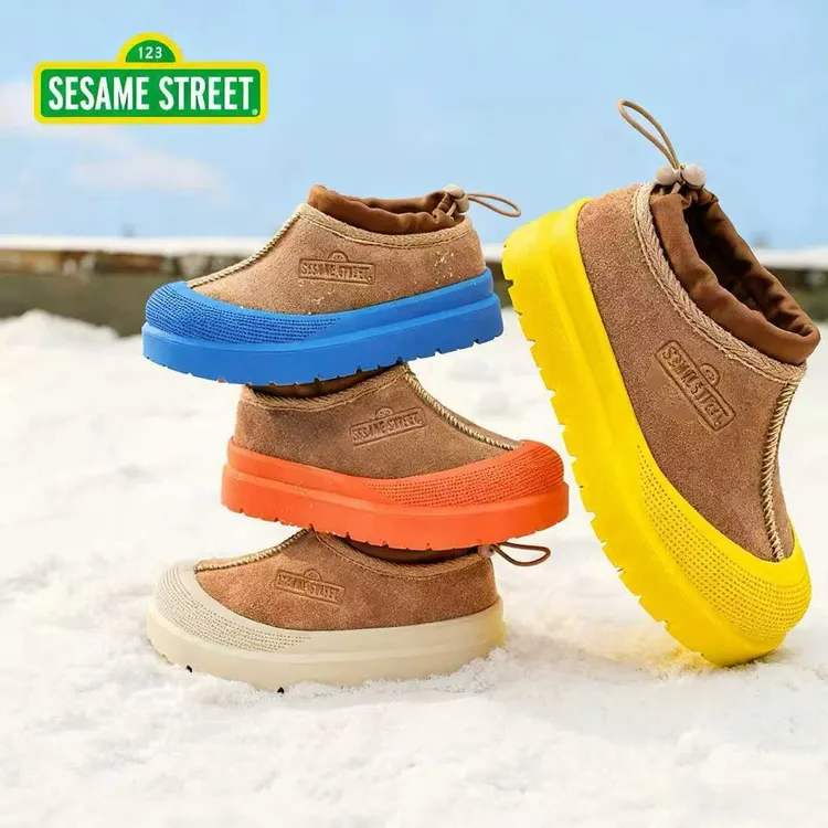 芝麻街真皮儿童棉鞋加绒保暖雪地靴2025新款冬季童鞋男女童短靴