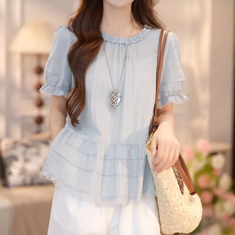 韩系甜美拼接蕾丝荷叶边短袖衬衫女夏日新款轻薄透气减龄显瘦上衣