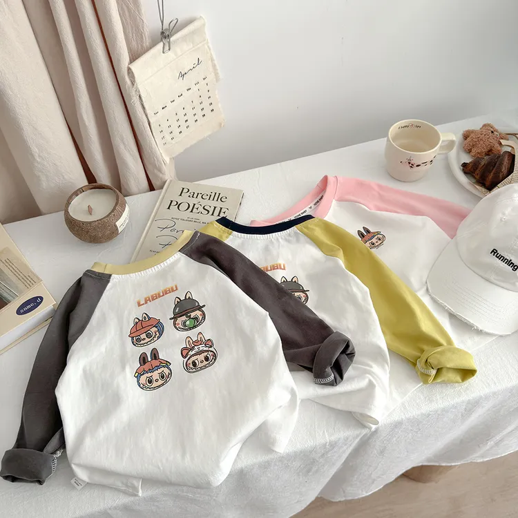 【高品质】儿童纯棉插肩T恤男童韩版套头打底衫女童拼色圆领内搭