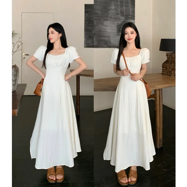 大码法式茶歇气质优雅方领泡泡袖下摆不规则设计收腰显瘦连衣裙仙