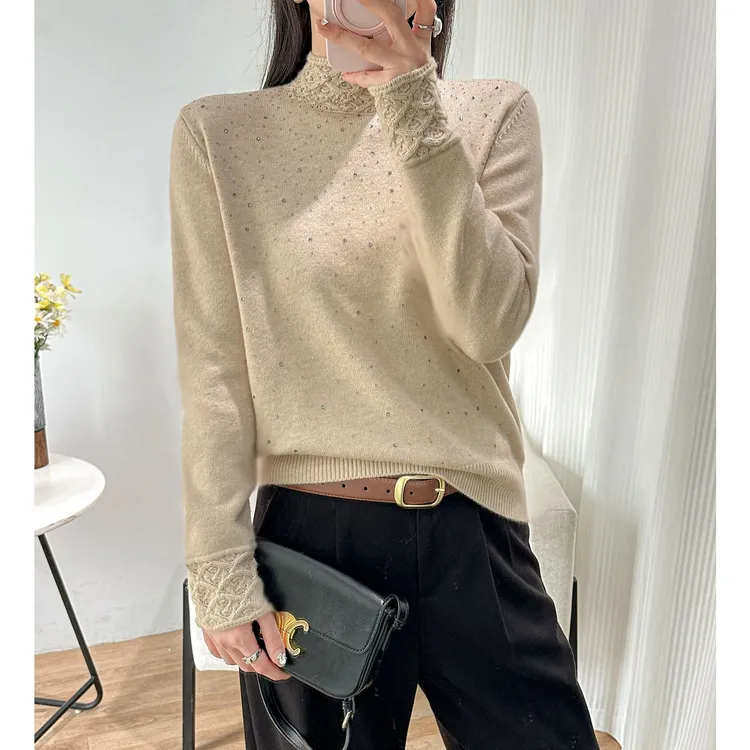 钩花半高领烫钻毛衣女冬季新款气质显瘦时尚针织打底衫立领内搭