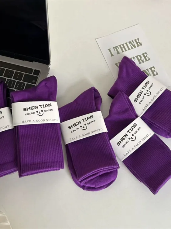紫色袜子女ins潮中筒袜春秋日系彩色长筒堆堆韩国搭配鲨鱼裤