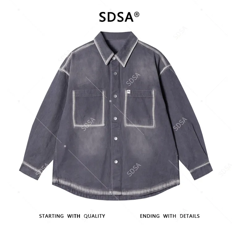 SDSA秋冬新款痞帅男装韩版做旧扎染纽扣翻领长袖衬衫百搭宽松衬衣