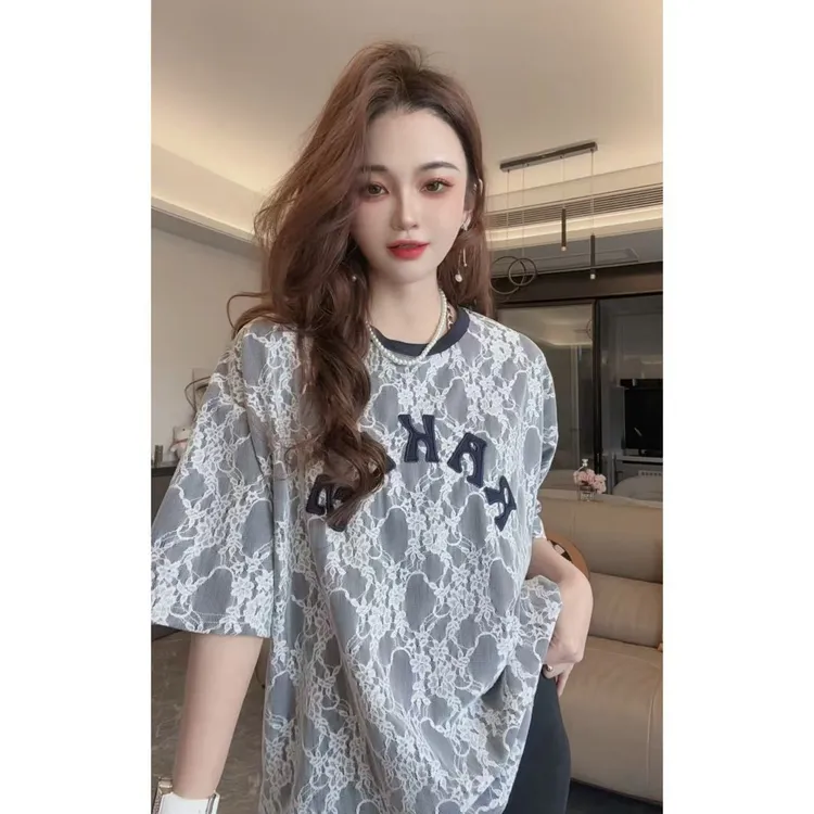 重工短袖t恤女款2025新款爆款夏季新款韩版气质圆领T恤蕾丝衫3011