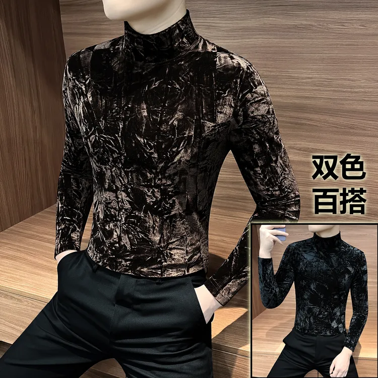 金丝绒褶皱男士打底衫春秋季2025新款痞帅男装半高领长袖男款T恤