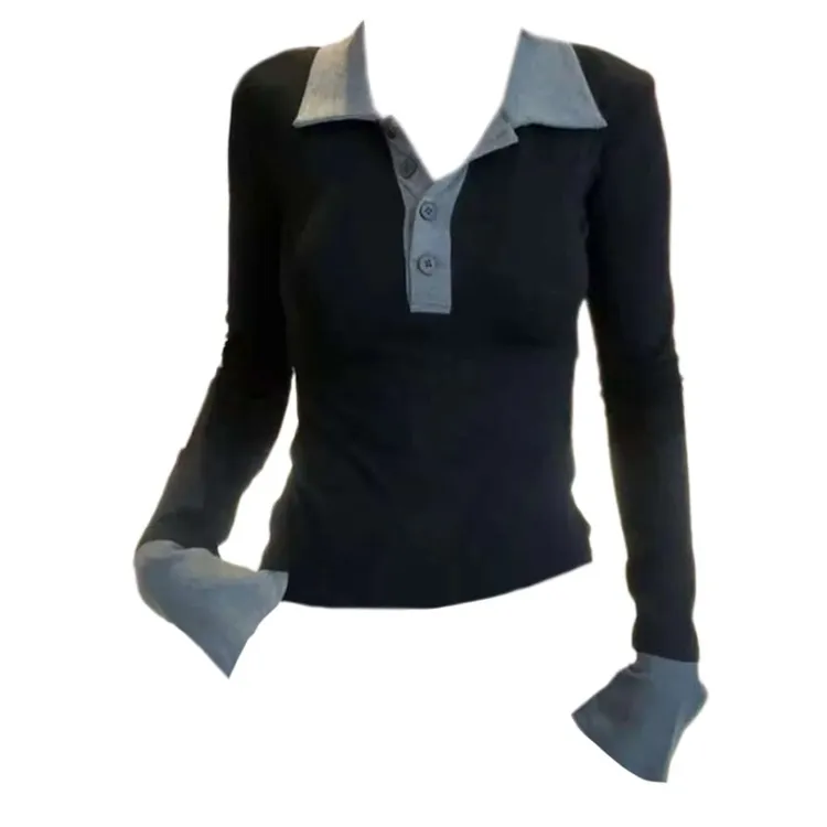 大码胖妹妹2025秋季新款设计感撞色Polo领长袖显瘦内搭T恤女上衣2