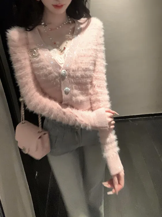 【雅乔定制】限定蔷薇 亮闪烫钻针织开衫女毛衣短外套DYTH-25083956