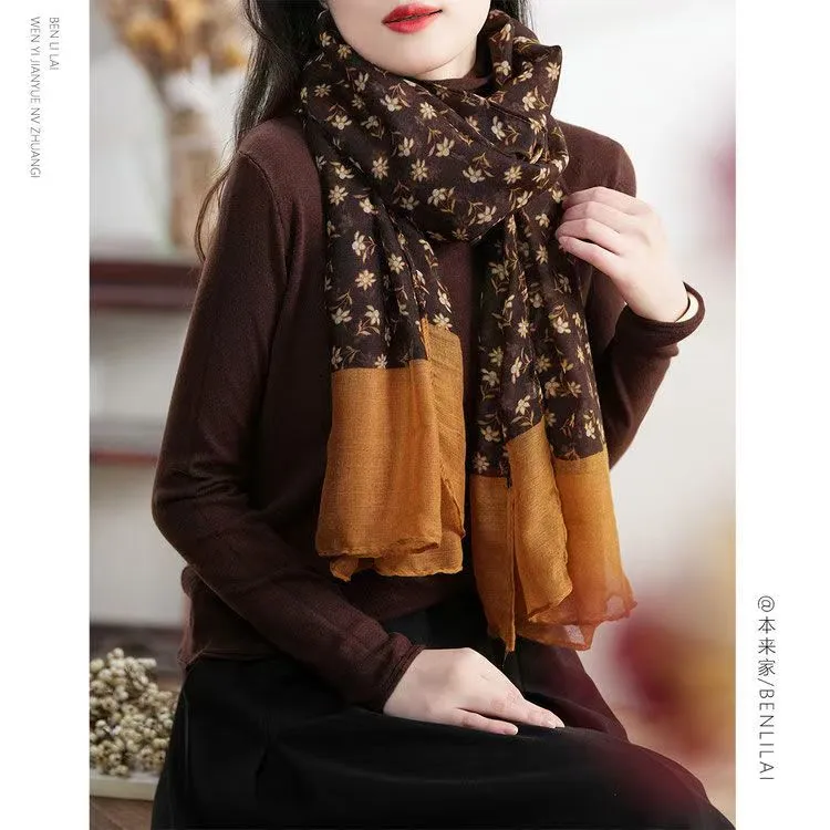 秋冬时尚碎花围巾百搭民族风复古保暖长款防晒披肩外搭围脖丝巾女