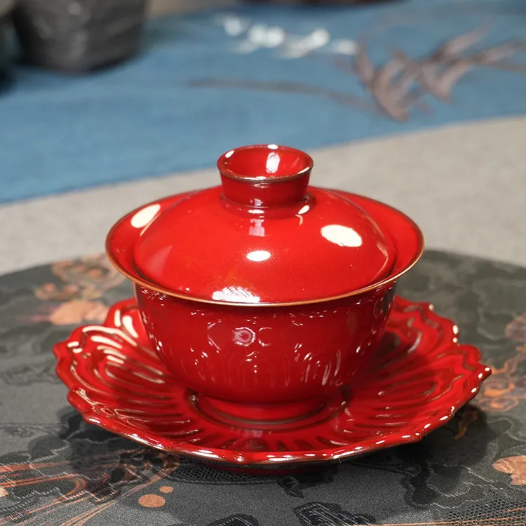 官窑陶瓷手工茶具庄老师手作原矿泥料铁胎郎红莲花元宝三才盖碗