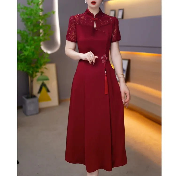 高档新中式短袖改良旗袍连衣裙女2025年夏季新款妈妈婚宴礼服裙子