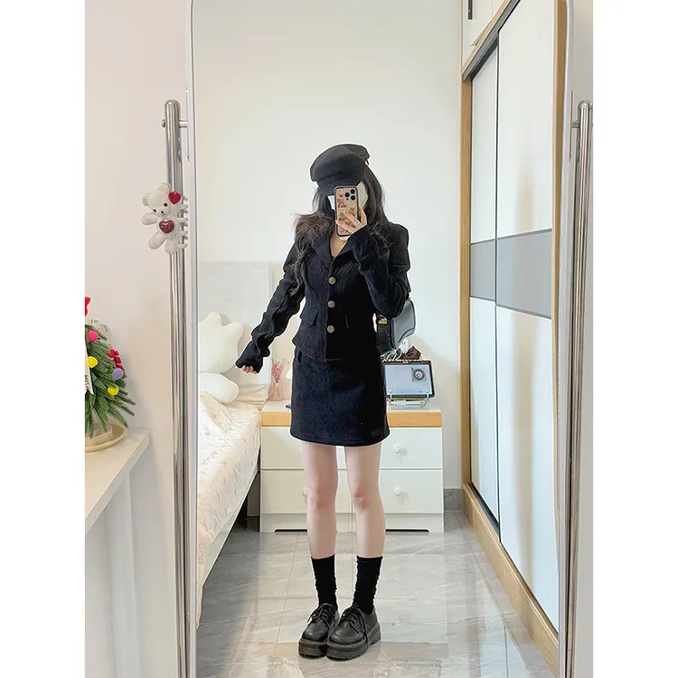 黑色小香风连衣裙子女2025年秋季新款富家千金西装外套短裙一整套