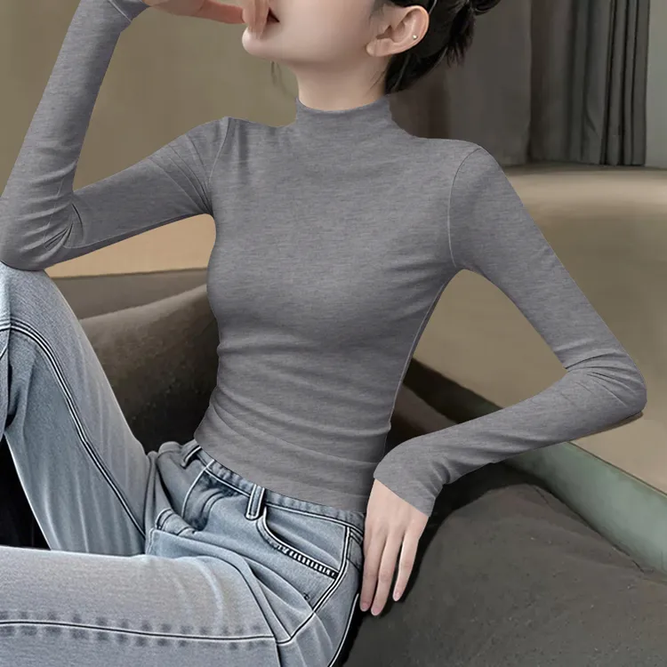 2025秋冬新款烟灰色半高领螺纹长袖内搭女打底衫修身显瘦洋气上衣
