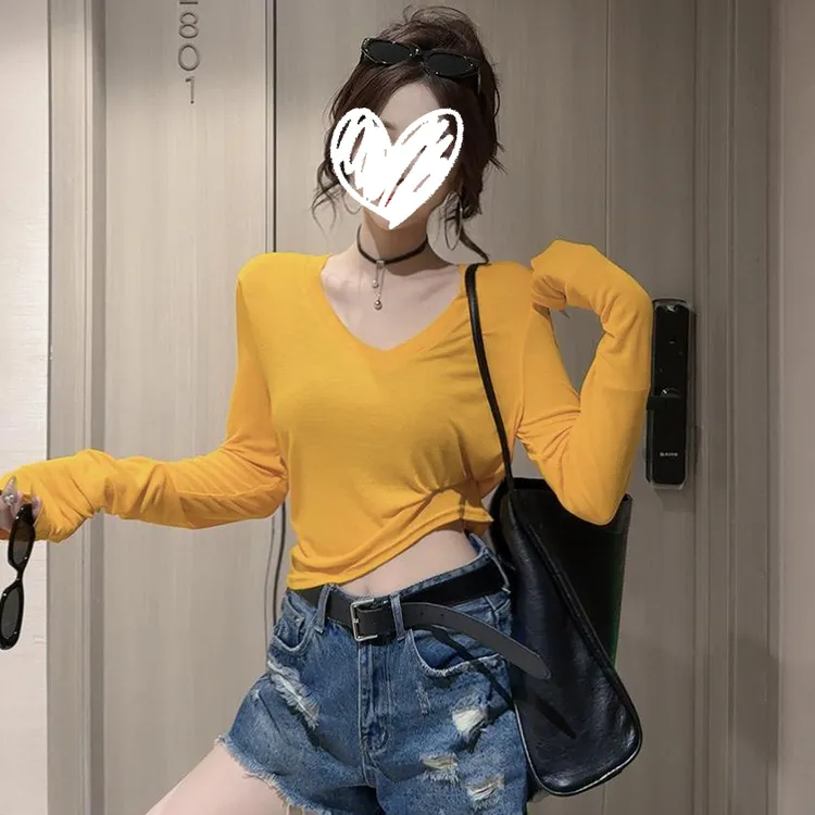 2025夏季新款韩版时尚百搭显瘦V领轻薄防晒T恤女慵懒风洋气上衣潮