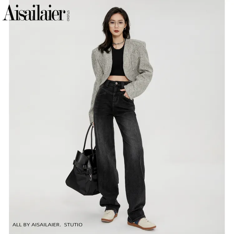 【艾赛莱尔】·极光·高腰加绒显瘦窄版阔腿牛仔裤女2025秋冬拖地裤