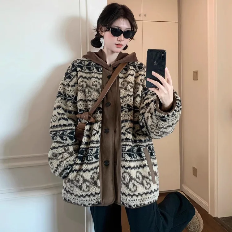 羊羔毛外套女美式复古腰花果2025冬季新款宽松加厚羊羔绒棉服大衣