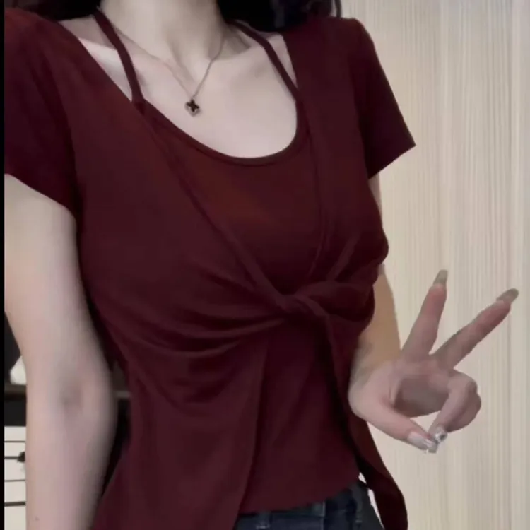 1阿柔微胖~胖MM必入挂脖收腰显瘦不规则下摆上衣女t恤短袖夏季