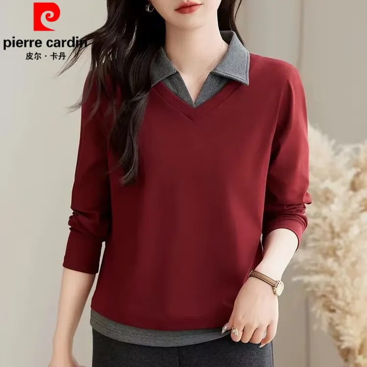 皮尔卡丹新款长袖假两件POLO卫衣女2025春秋时尚显瘦有型百搭卫衣