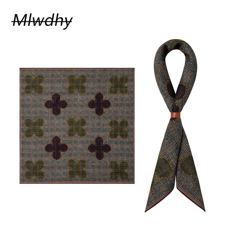 复古纹男士小方巾丝羊毛巾男阿美咔叽领巾衬衫搭配小围巾送方巾扣