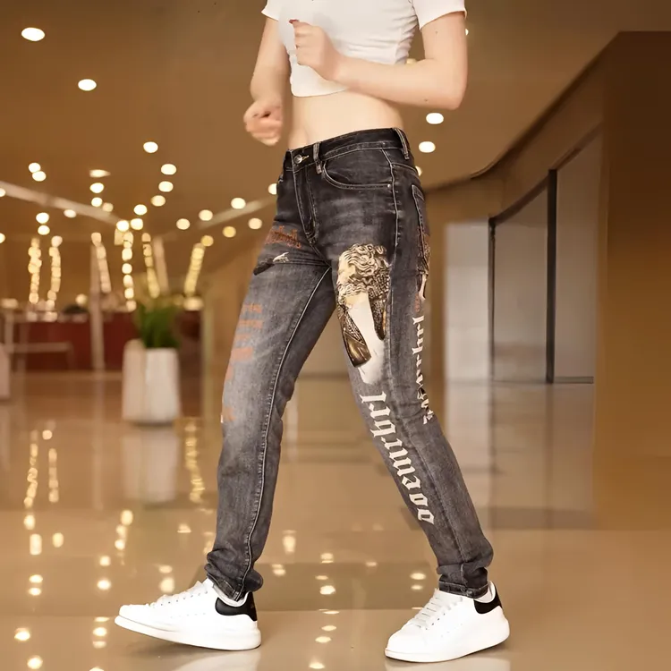 男士秋冬印花牛仔裤裤子男潮牌弹力百搭修身小脚裤个性时尚休闲裤