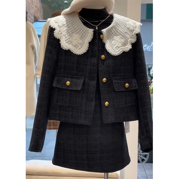 双C御用*奢牌同源花呢法国小香风娃娃领黑色外套+半身裙套装女秋