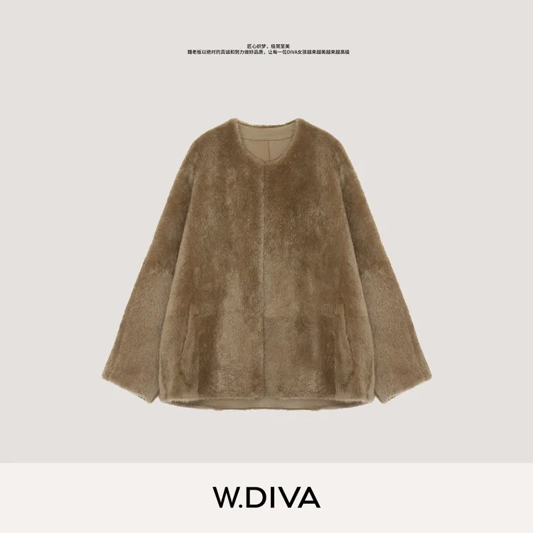 W.Diva【流光绒华】南非进口美利奴羊皮毛一体圆领皮草54C242729