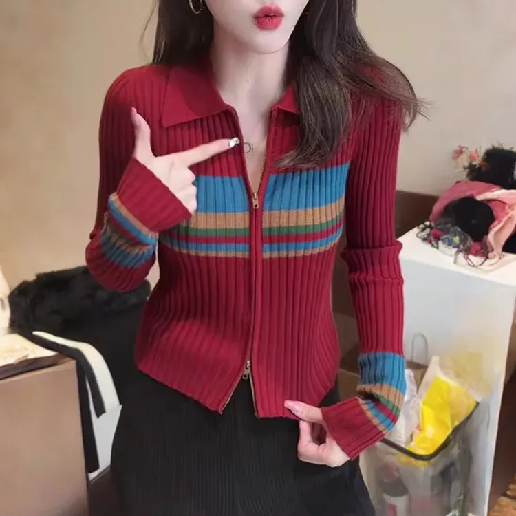 法式条纹撞色翻领双拉链开衫毛衣女早秋新款时尚百搭显瘦上衣小衫