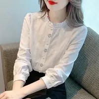 【运补6-8】100%棉 新款木耳边立领纯棉衬衫女长袖内搭打底衫上衣